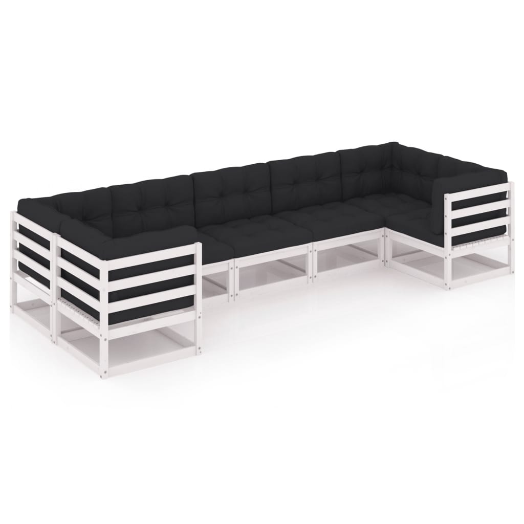 7-tlg. Garten-Lounge-Set mit Kissen Weiss Kiefer Massivholz